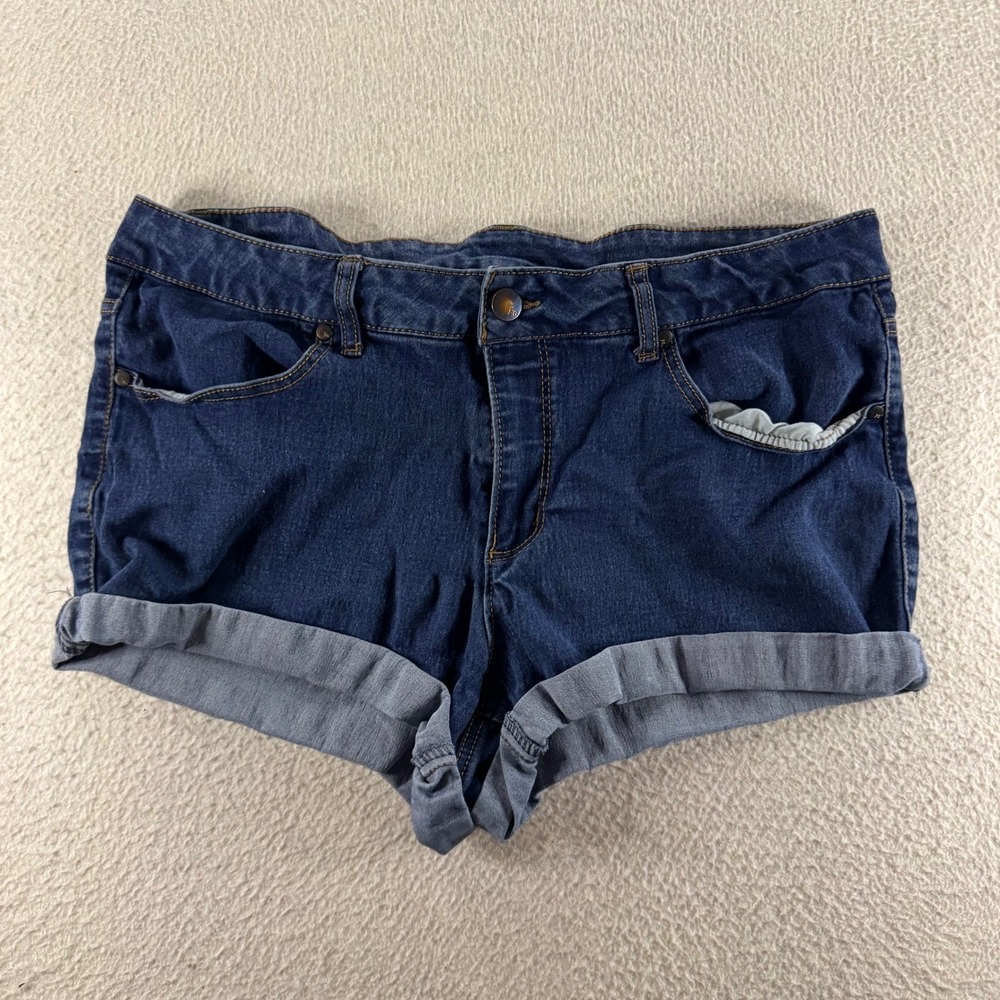 Faded Glory Denim Shorts Womens Med Dark Blue Excellent Cuffed Mid Rise Stretch